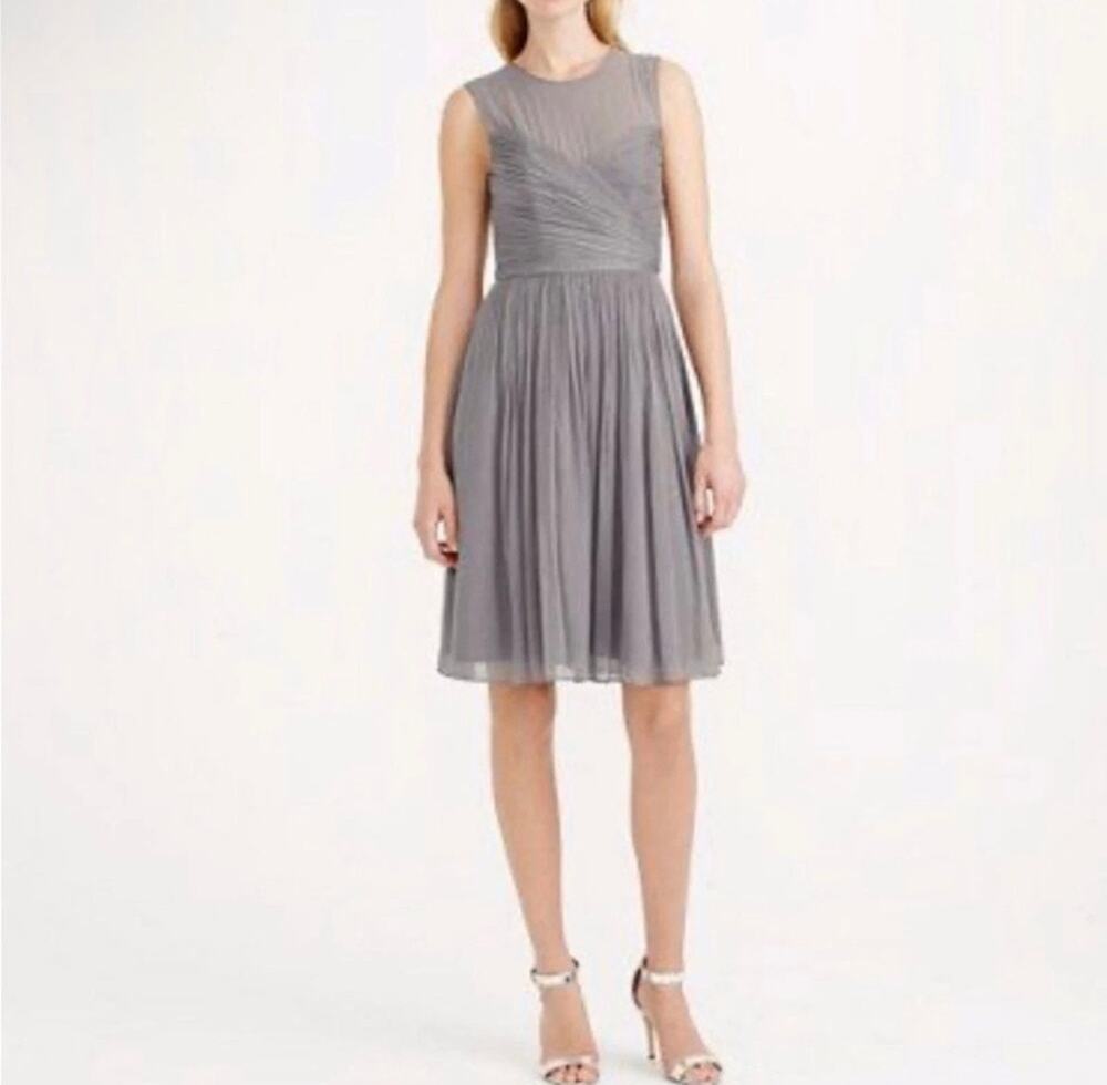 J.Crew Clara Silk Chiffon Dress Size 8 Gray Pleated Illusion Neck Bridesmaid